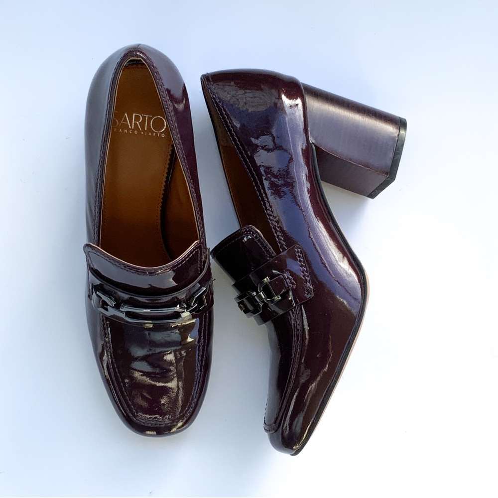 Franco Sarto Burgundy Block Heel Patent Leather Mule Shoes Size 8.5